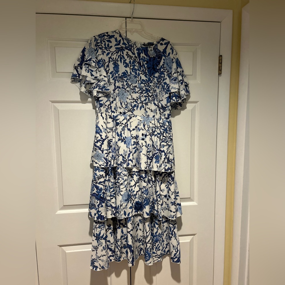 Blue and White Midi Dress with Short Ruffle Sleeves